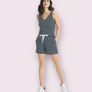 NAUTICA Navy/White Striped V-Neck Romper with Tie Waist | Size L